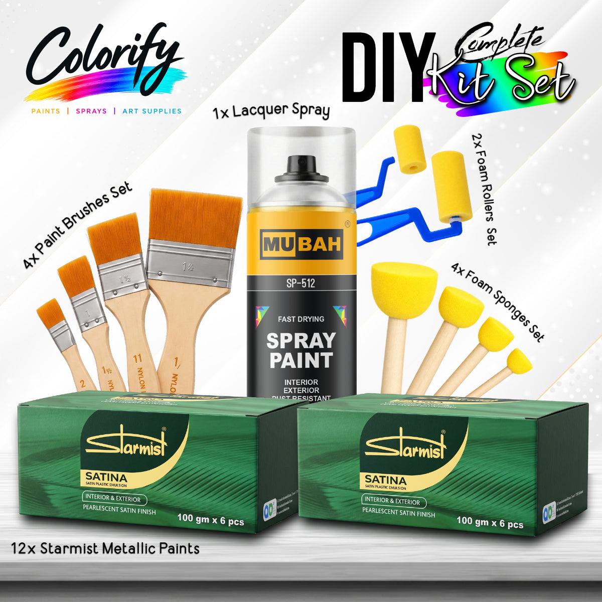 DIY Complete KIT 12x STARMIST Metallic Paints 100ml, 1x MUBAH Lacquer Spray and Paint Accessories