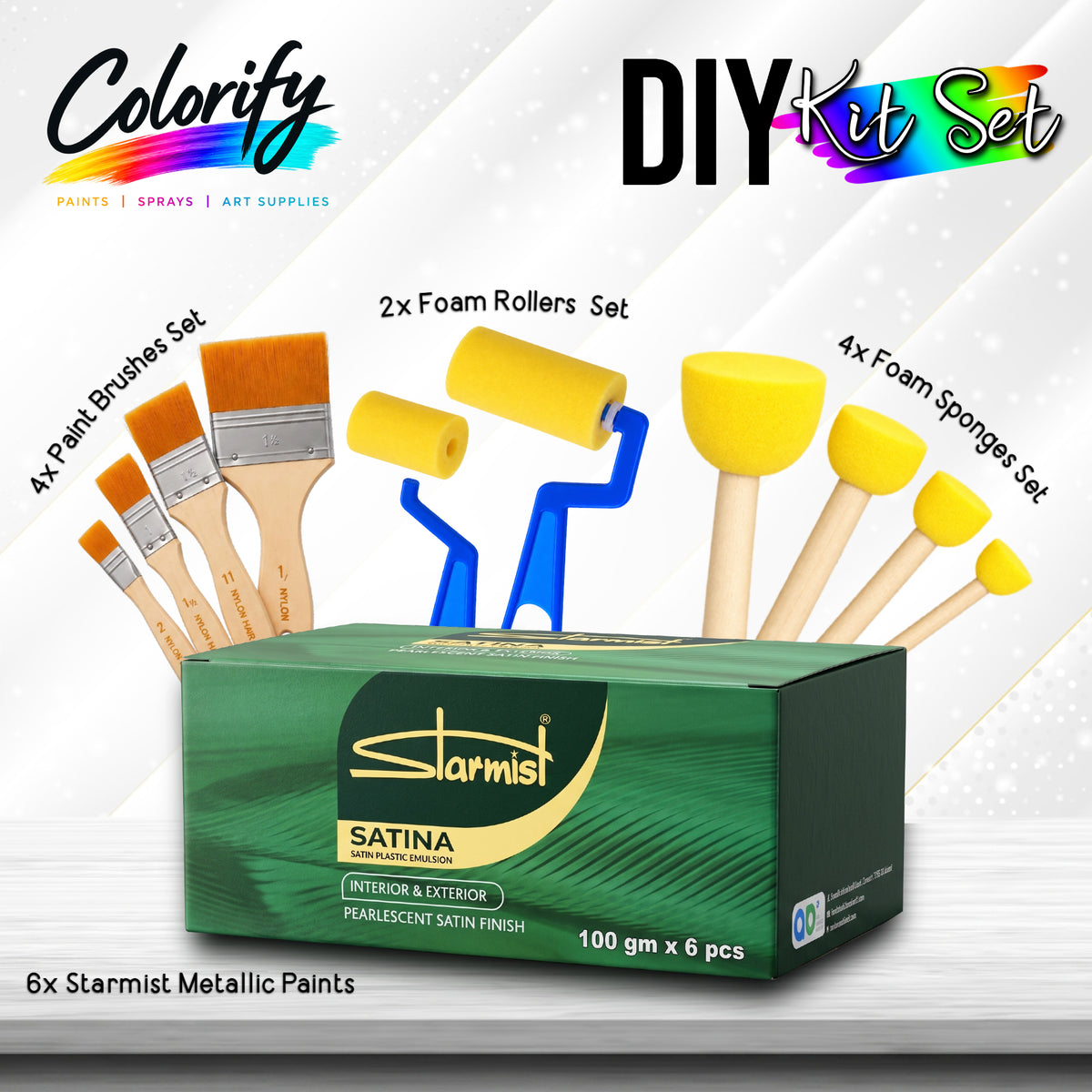 DIY KIT Set 6x STARMIST Metallic Paints 100ml and Paint Accessories